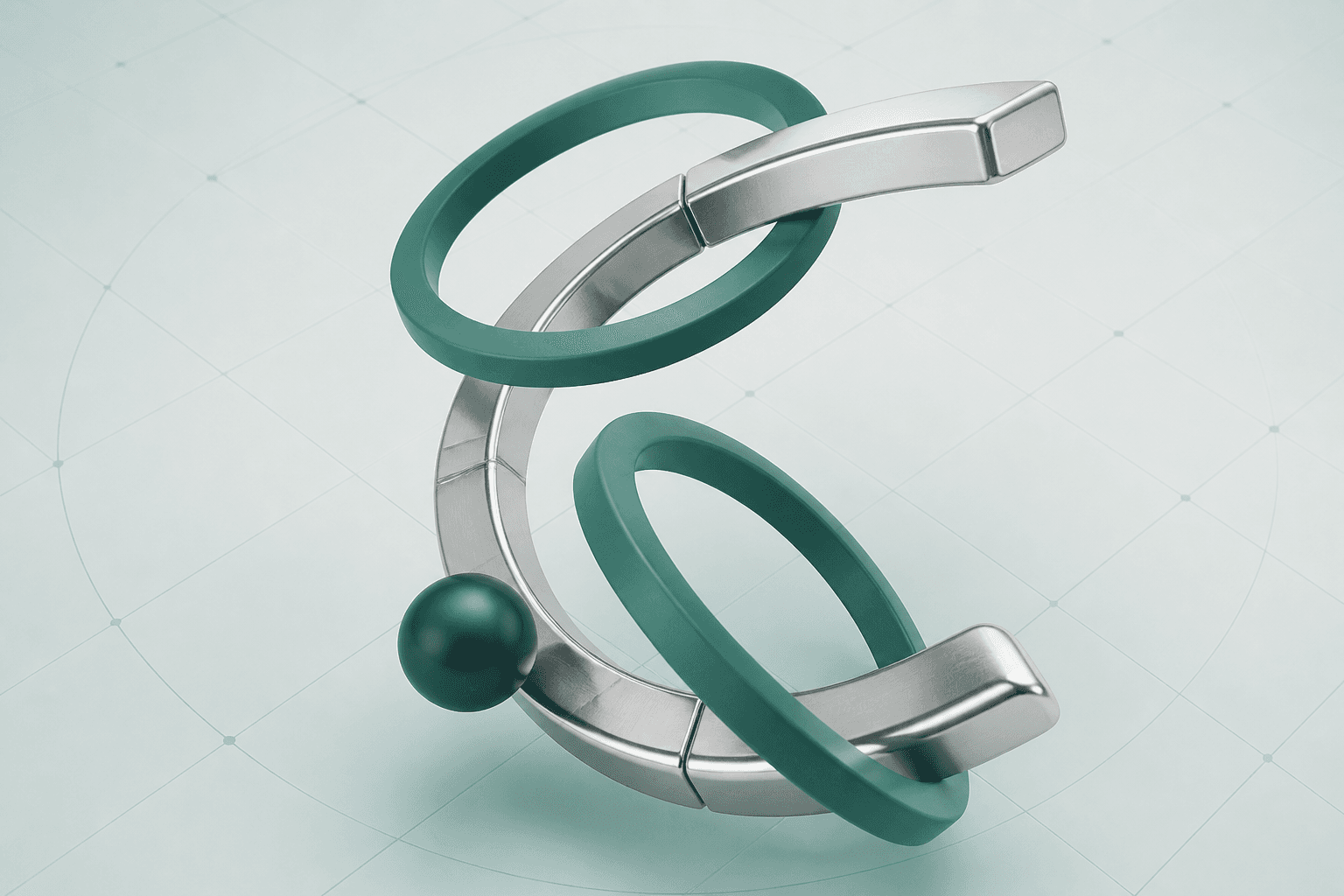 Formas geométricas metálicas e verdes sobre fundo claro sugerindo tecnologia cirúrgica sem texto.
