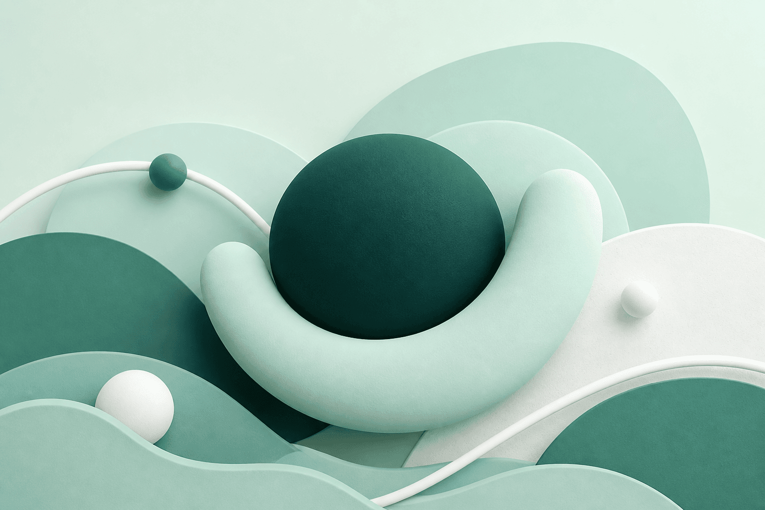 Ilustração abstrata em verde-petróleo e menta com formas suaves sugerindo acompanhamento clínico.